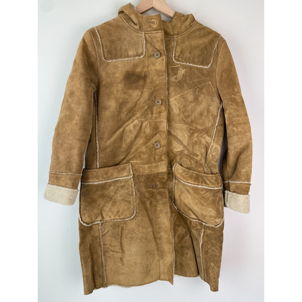 Gap‎ Vintage Suede Leather Hooded Parka Coat M Tan Shearling Lined Rugged Inuit